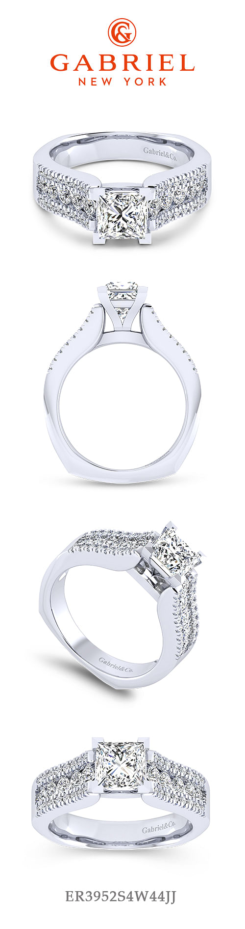 14K White Gold Wide Band Princess Cut Diamond Engagement Ring angle 